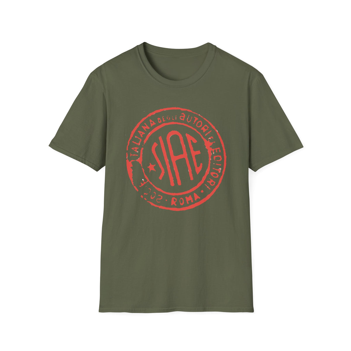 Olive green t-shirt with a red SIAE logo and text.