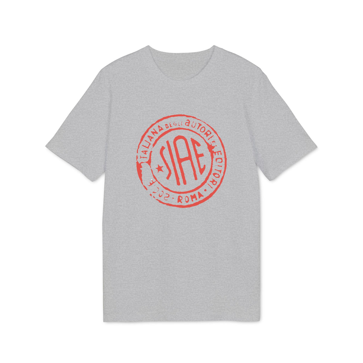Grey t-shirt with red SIAE stamp: Società Italiana degli Autori ed Editori, Roma.