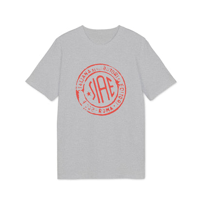 Grey t-shirt with red SIAE stamp: Società Italiana degli Autori ed Editori, Roma.
