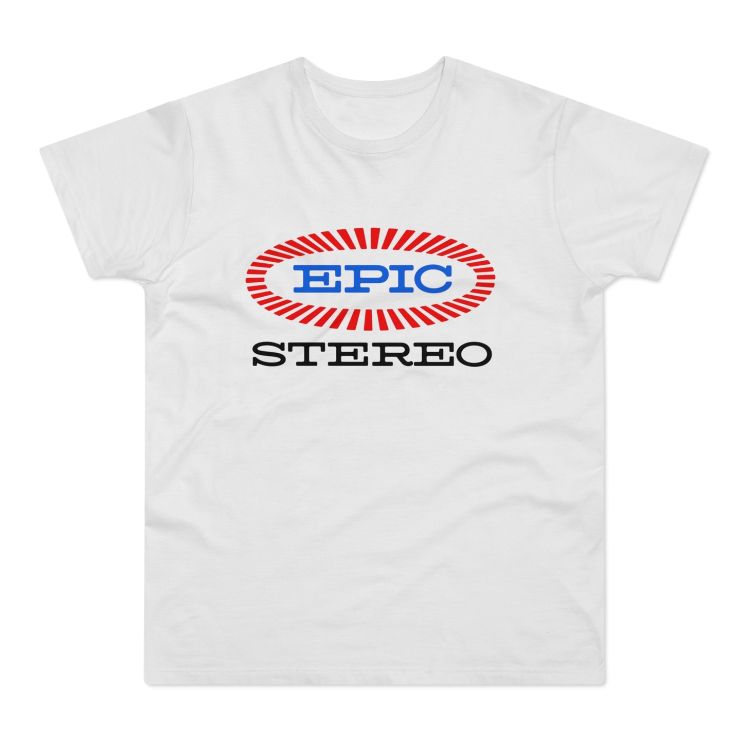 White t-shirt with red and blue EPIC STEREO logo design.