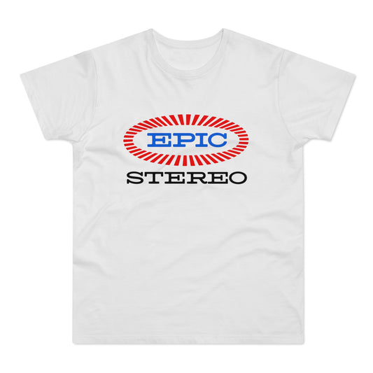 White t-shirt with red and blue EPIC STEREO logo design.