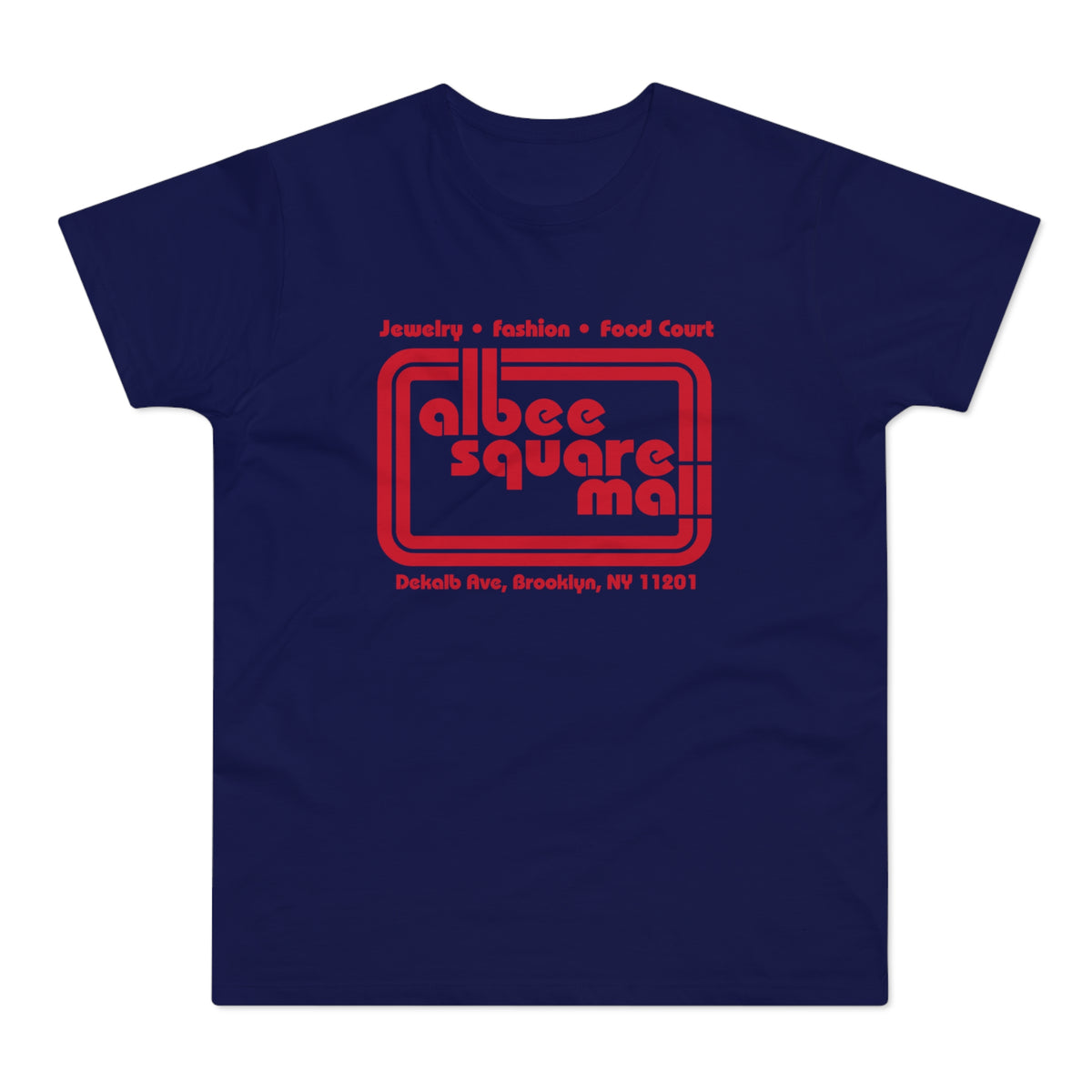 Navy t-shirt with red Albee Square Mall logo and address.