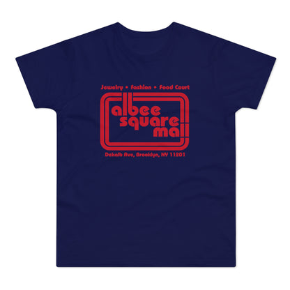 Navy t-shirt with red Albee Square Mall logo and address.