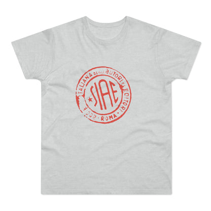 Light gray t-shirt with red SIAE logo and text "ITALIANA DEGLI AUTORI EDITORI 2002 ROMA".
