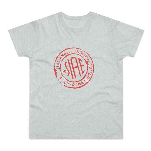 Light gray t-shirt with red SIAE logo and text "ITALIANA DEGLI AUTORI EDITORI 2002 ROMA".