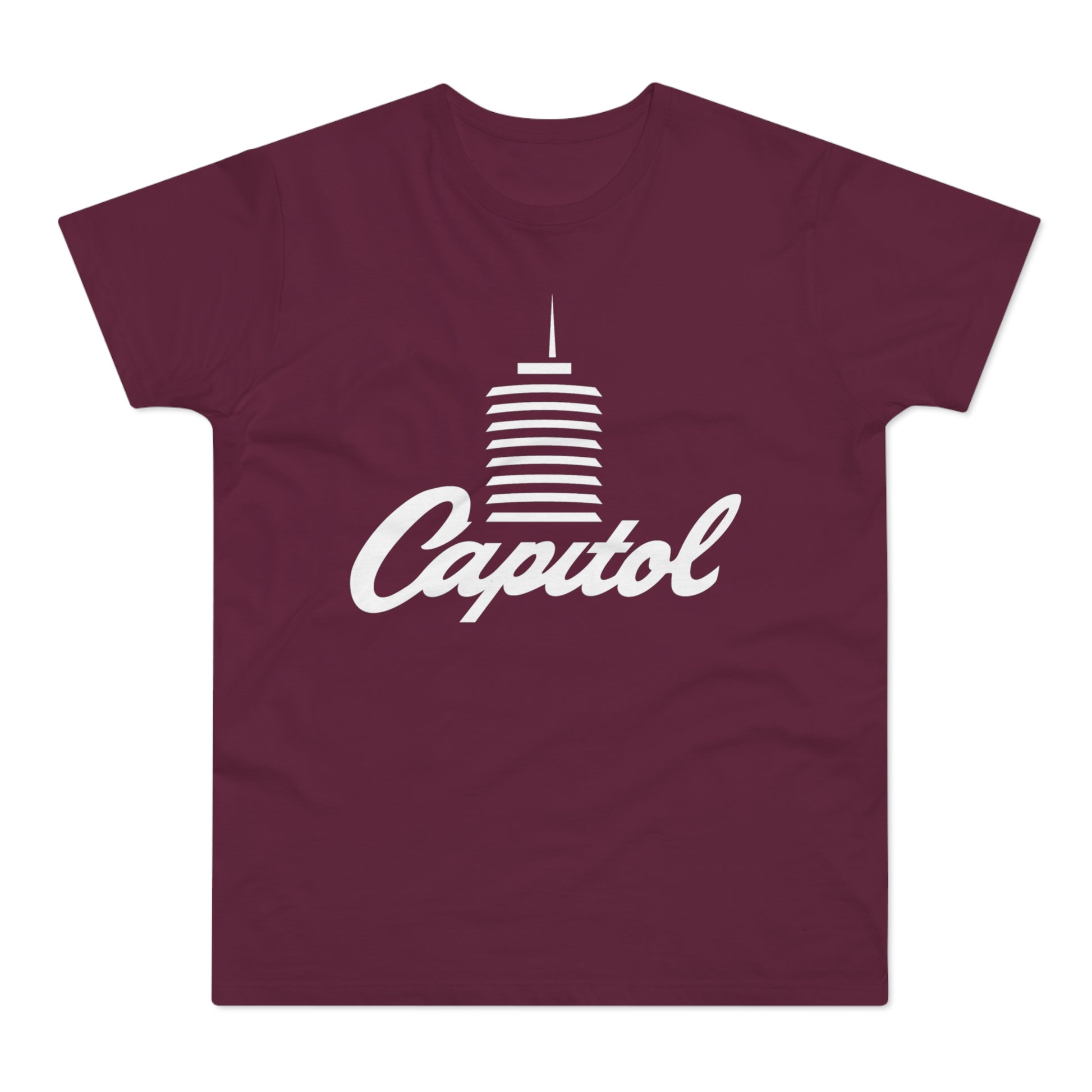 Maroon t-shirt with white Capitol building and text logo.