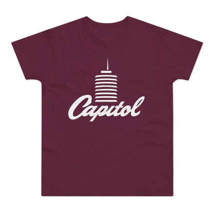 Maroon t-shirt with white Capitol building and text logo.