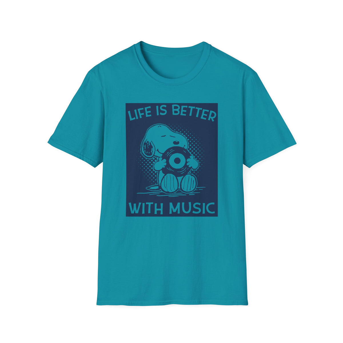 Teal t-shirt with Snoopy holding a record and text "LIFE IS BETTER WITH MUSIC".