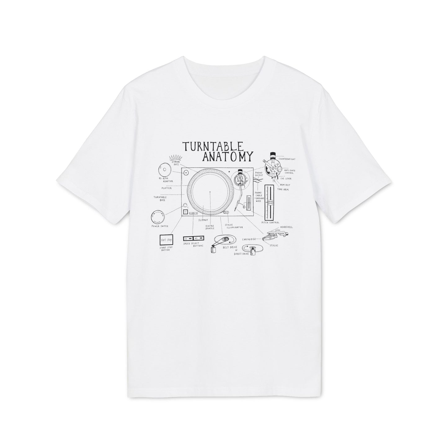 White t-shirt with black diagram of "Turntable Anatomy" and labeled parts.
