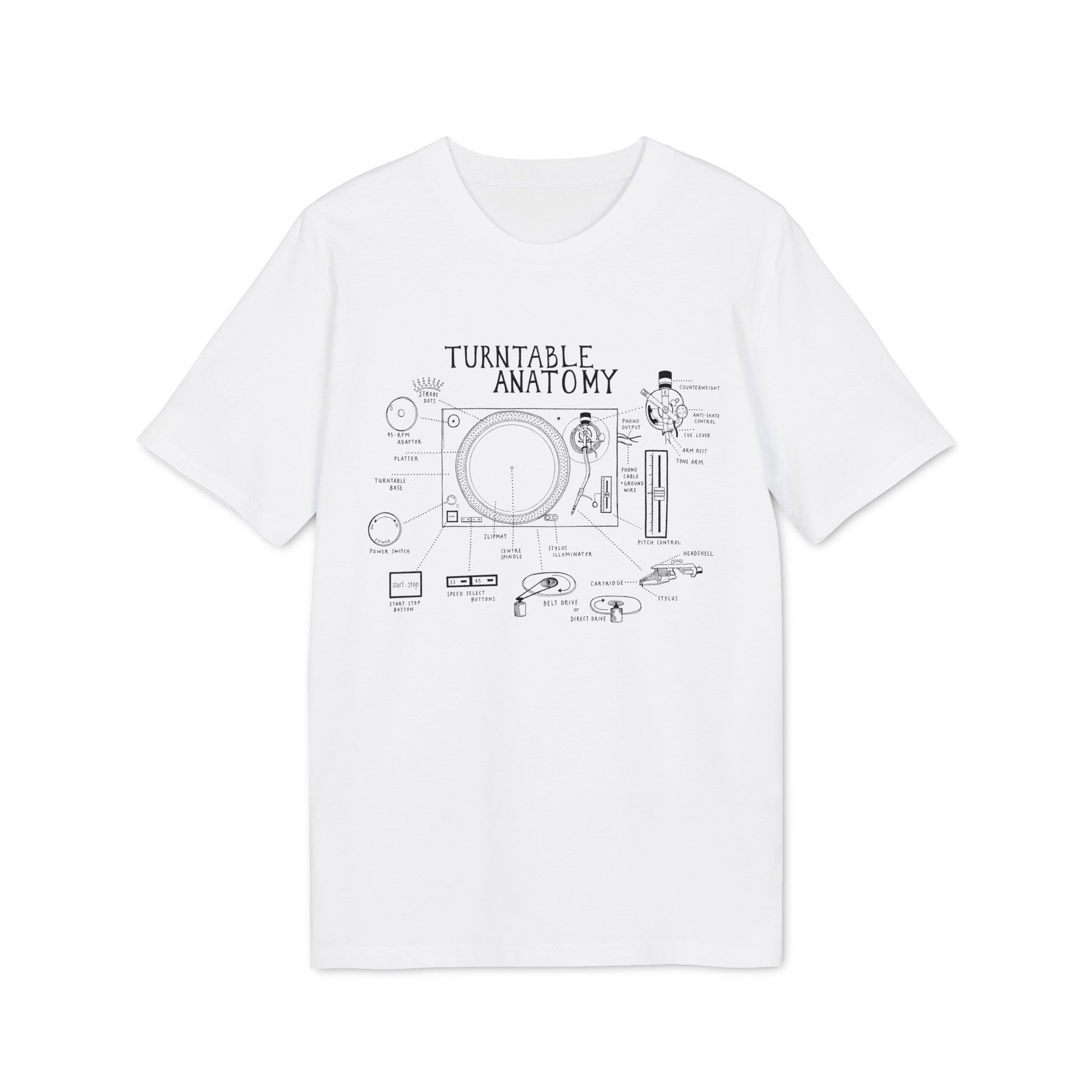 White t-shirt with black diagram of "Turntable Anatomy" and labeled parts.