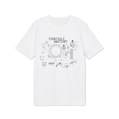 White t-shirt with black diagram of "Turntable Anatomy" and labeled parts.
