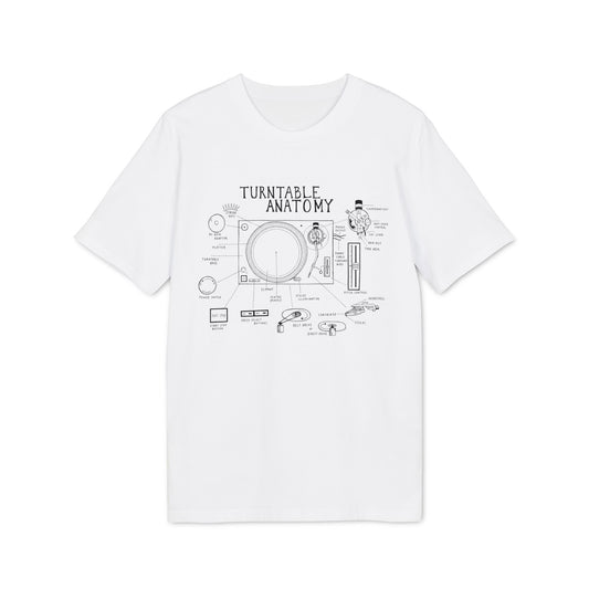 White t-shirt with black diagram of "Turntable Anatomy" and labeled parts.
