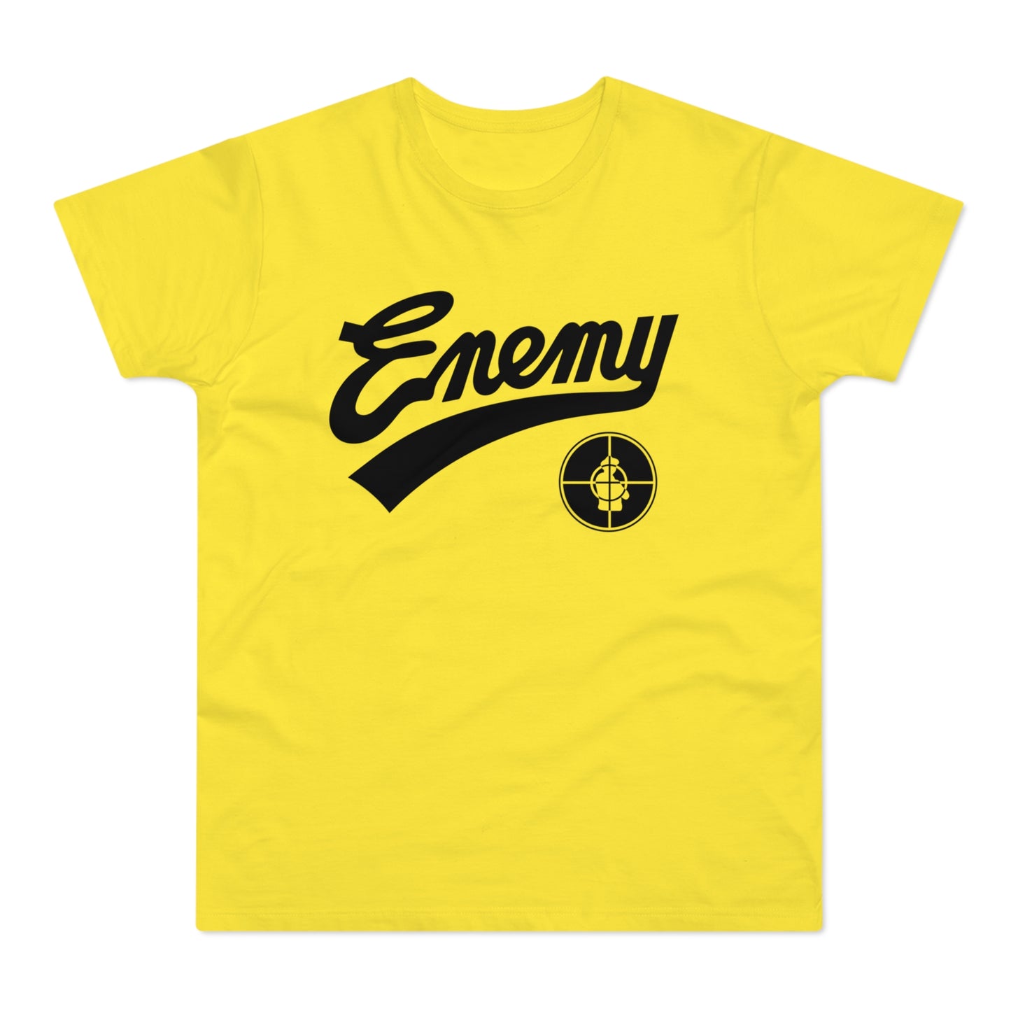 Yellow t-shirt with black "Enemy" text and logo.
