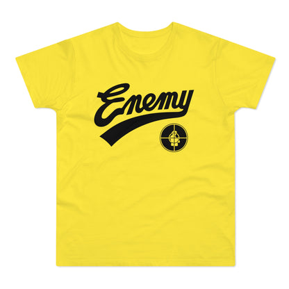 Yellow t-shirt with black "Enemy" text and logo.