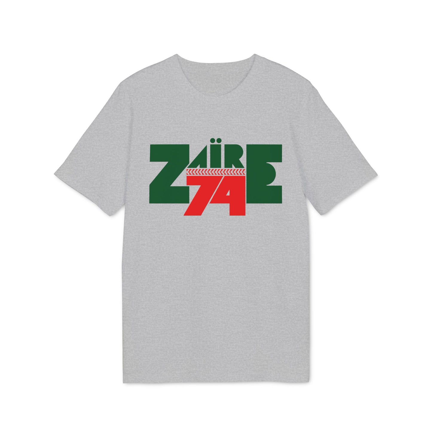 Grey t-shirt with green text "ZAÏRE" over red text "74".