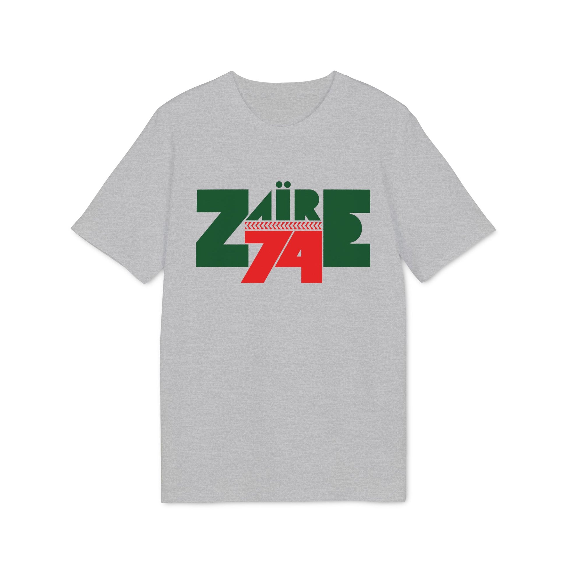 Grey t-shirt with green text "ZAÏRE" over red text "74".