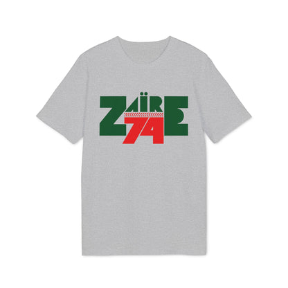 Grey t-shirt with green text "ZAÏRE" over red text "74".