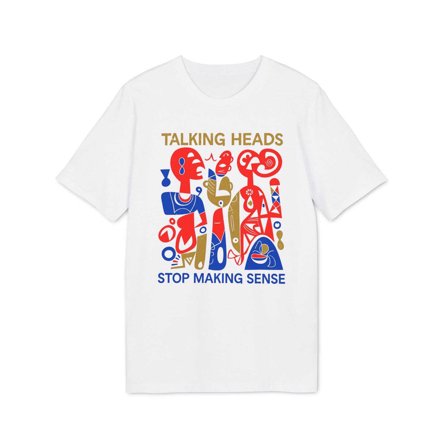 White t-shirt with Talking Heads Stop Making Sense album art in red, blue, and gold.