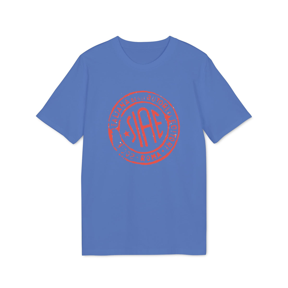 Blue t-shirt with red circular SIAE logo featuring text and a star.