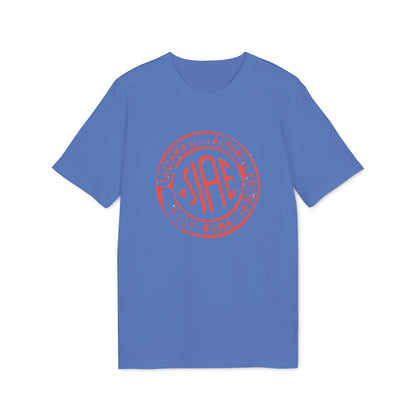 Blue t-shirt with red circular SIAE logo featuring text and a star.