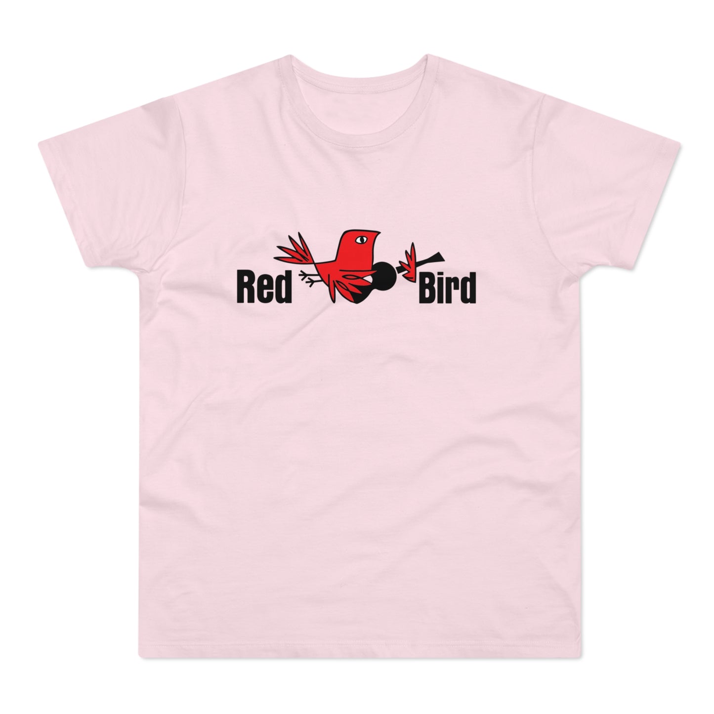 Pink t-shirt with a playful red bird character and the words "Red Bird"