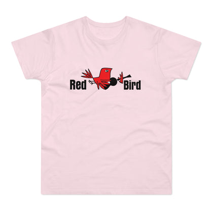 Pink t-shirt with a playful red bird character and the words "Red Bird"