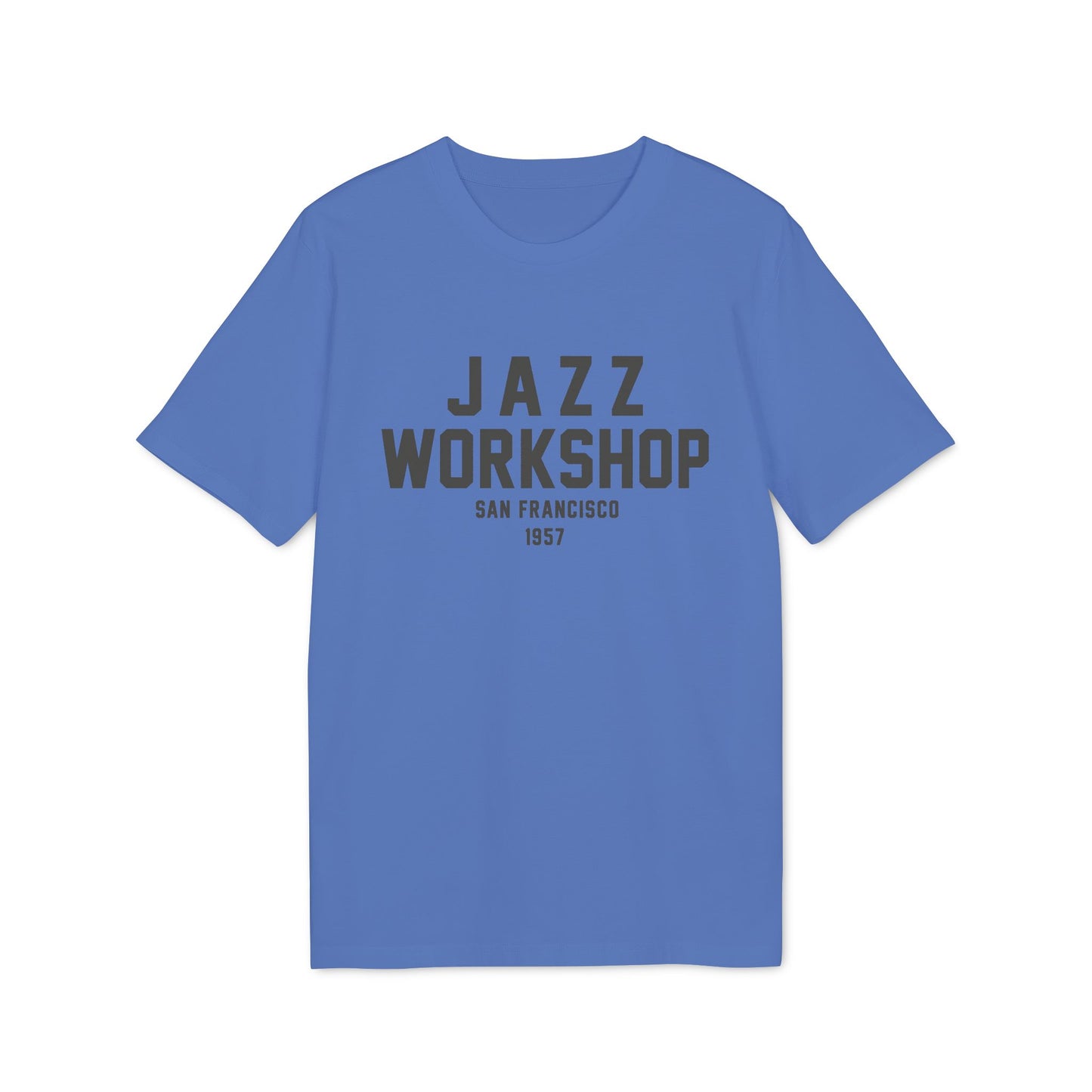 Blue t-shirt with "JAZZ WORKSHOP SAN FRANCISCO 1957" gray text.