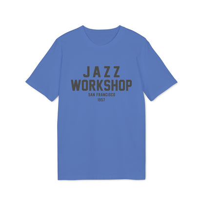 Blue t-shirt with "JAZZ WORKSHOP SAN FRANCISCO 1957" gray text.