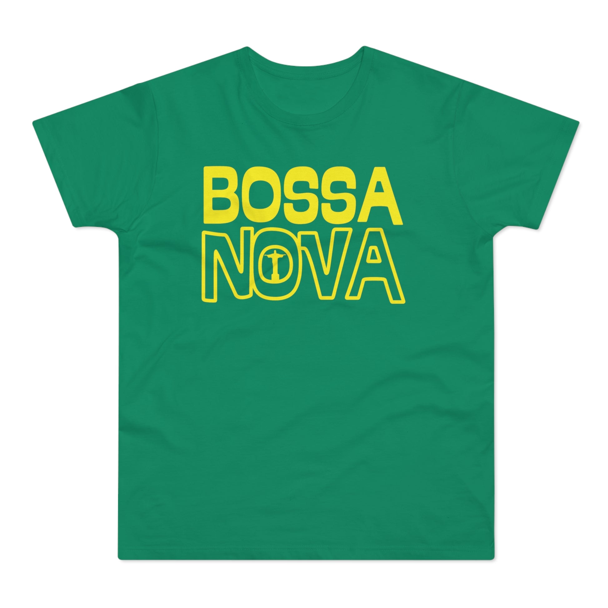 Green t-shirt with yellow text "BOSSA NOVA" and the Christ the Redeemer statue.