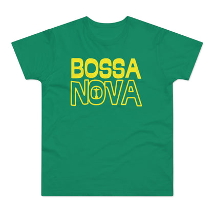 Green t-shirt with yellow text "BOSSA NOVA" and the Christ the Redeemer statue.