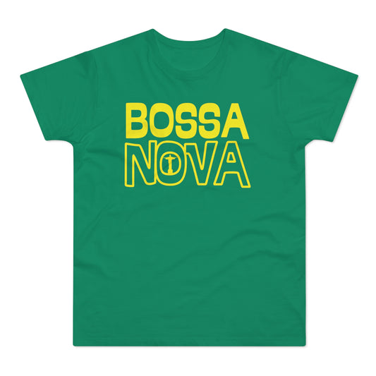 Green t-shirt with yellow text "BOSSA NOVA" and the Christ the Redeemer statue.