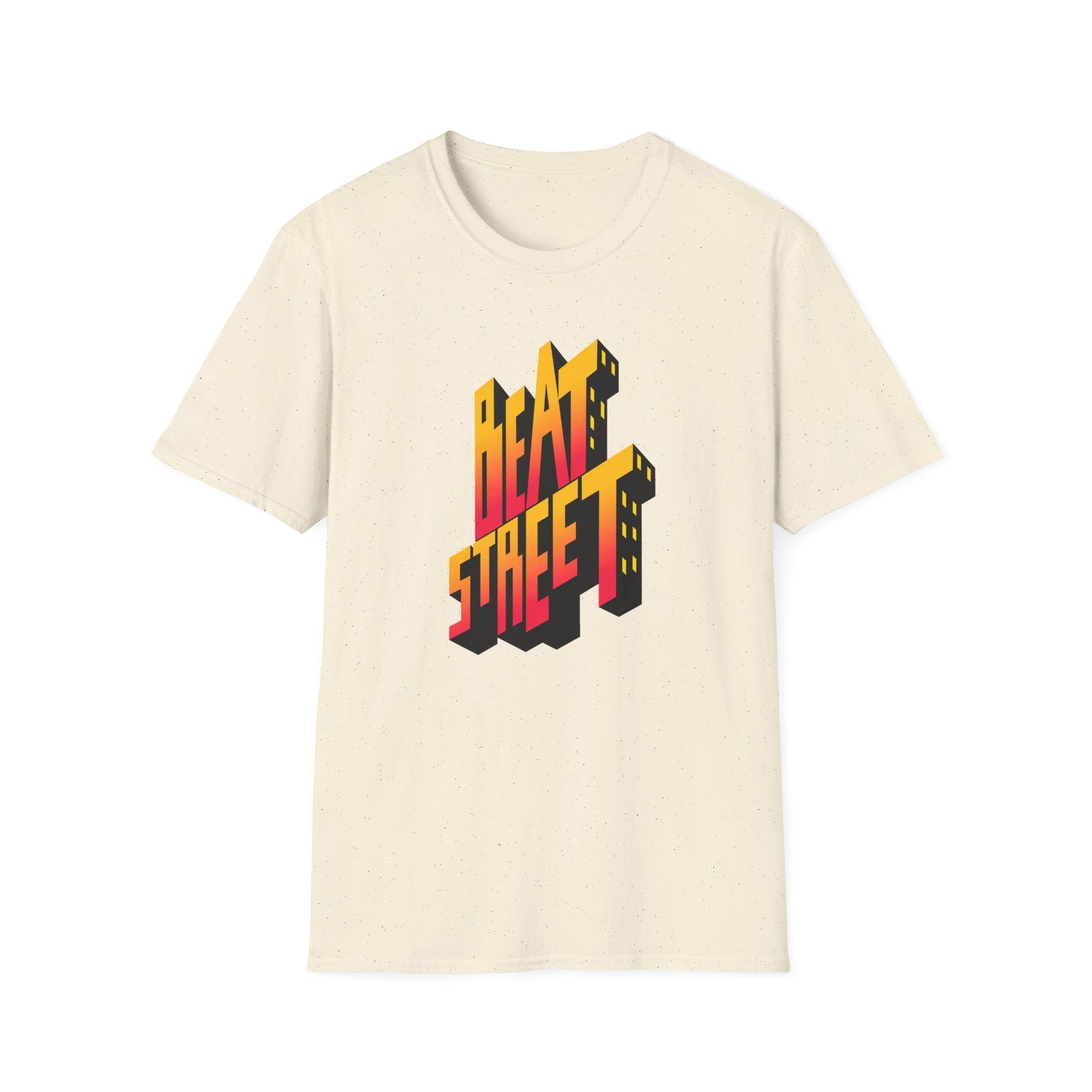 Cream t-shirt with stacked 3D text "BEAT STREET" in red and yellow gradient.
