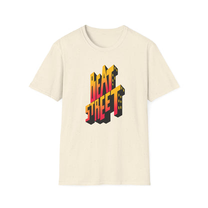 Cream t-shirt with stacked 3D text "BEAT STREET" in red and yellow gradient.