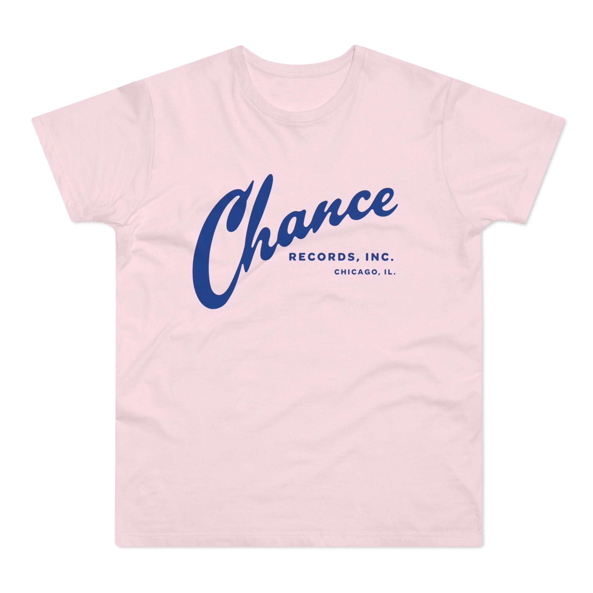 Pink t-shirt with blue "Chance Records, Inc. Chicago, IL." text.