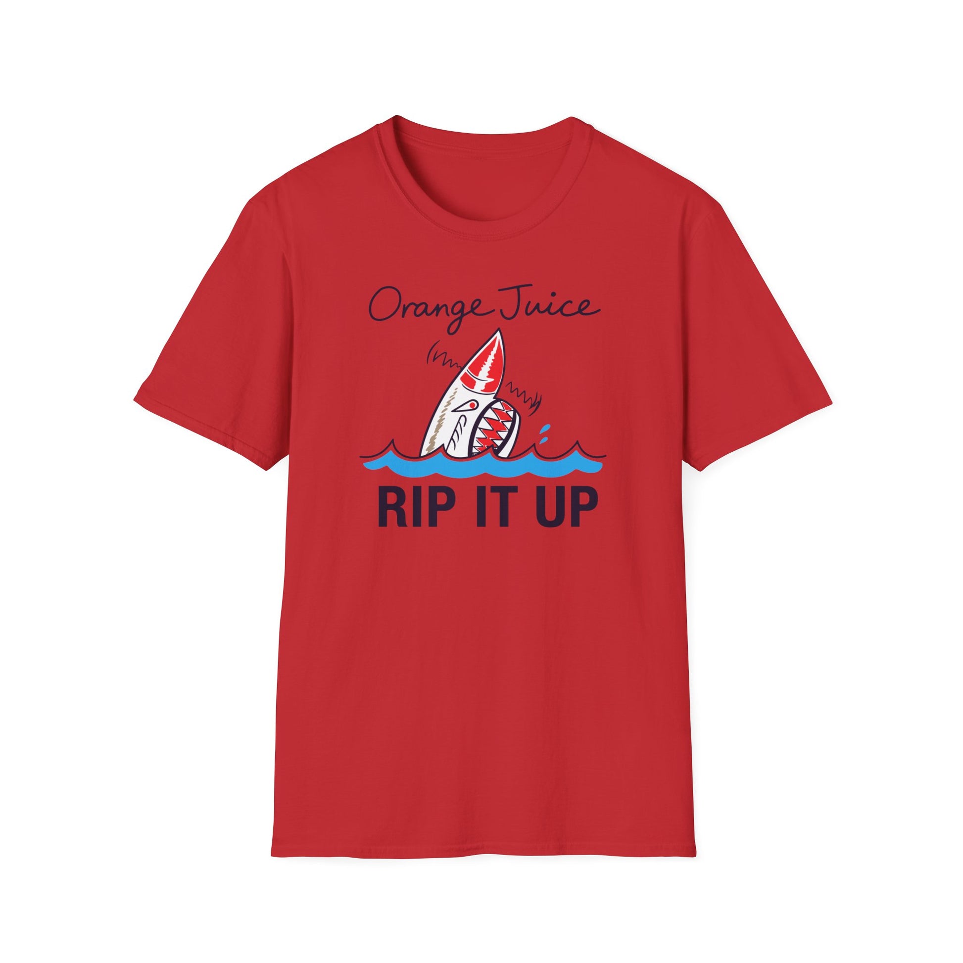 Red t-shirt with orange juice text and a shark graphic saying "RIP IT UP".