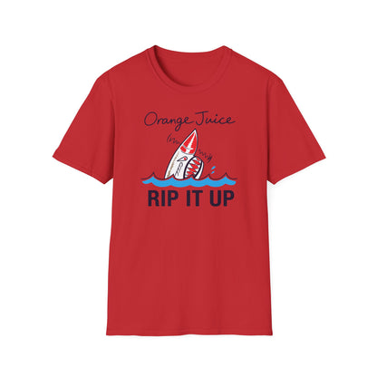 Red t-shirt with orange juice text and a shark graphic saying "RIP IT UP".