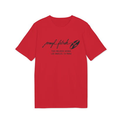 Red t-shirt with black "Vinyl Fetish" text and address 7305 Melrose Avenue Los Angeles, CA 90046.