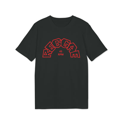 Black t-shirt with red "REGGAE 45 RPM" lettering in an arched design.