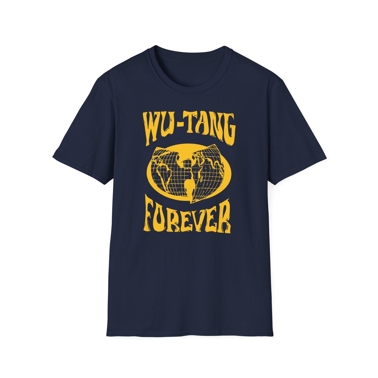 Navy t-shirt with yellow Wu-Tang Forever text and globe graphic.