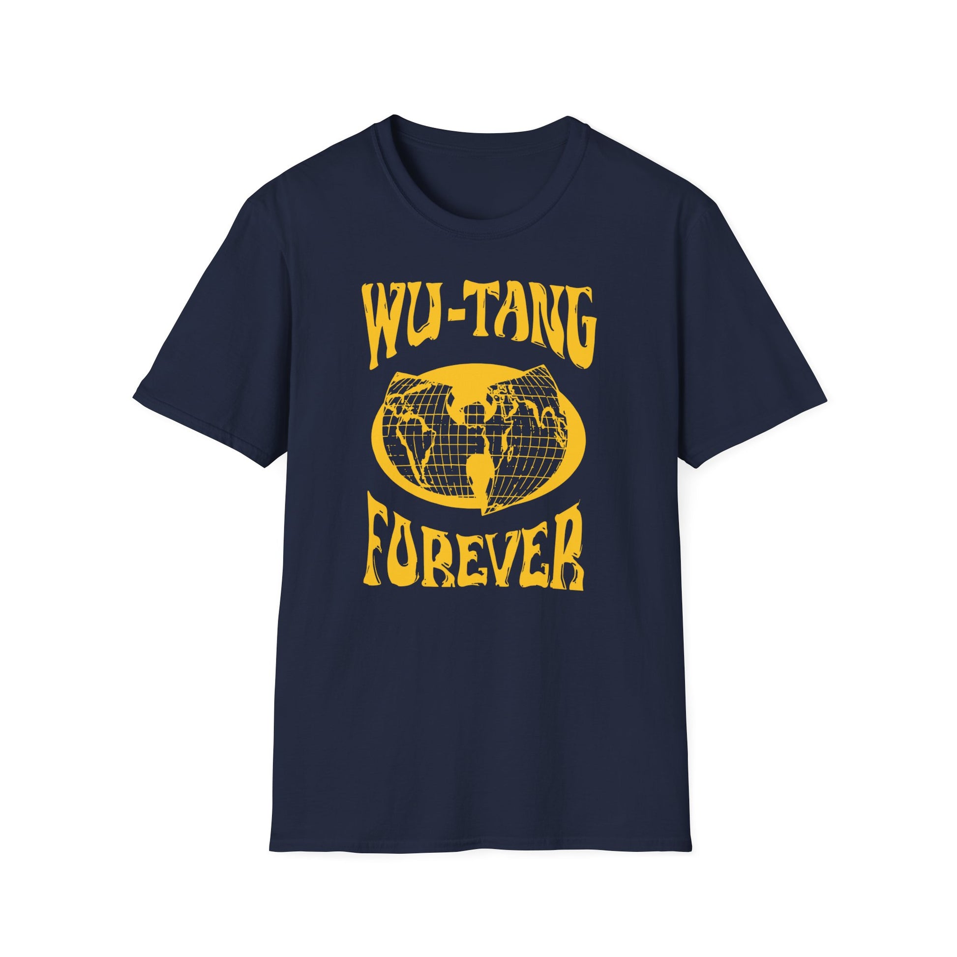 Navy t-shirt with yellow Wu-Tang Forever text and globe graphic.