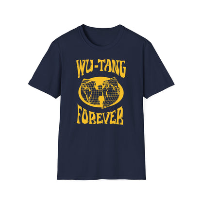Navy t-shirt with yellow Wu-Tang Forever text and globe graphic.