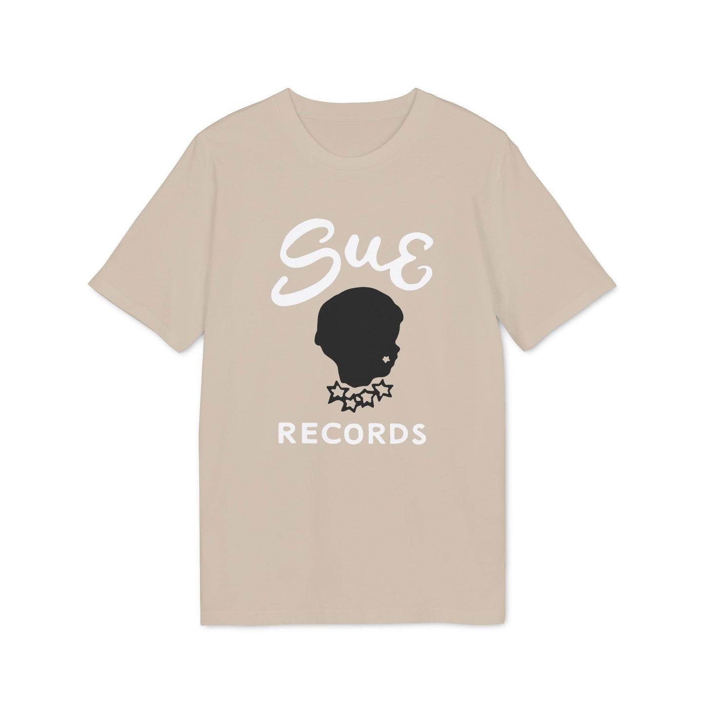 Tan t-shirt with white "Sue Records" text and black silhouette logo.