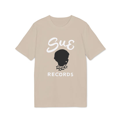 Tan t-shirt with white "Sue Records" text and black silhouette logo.