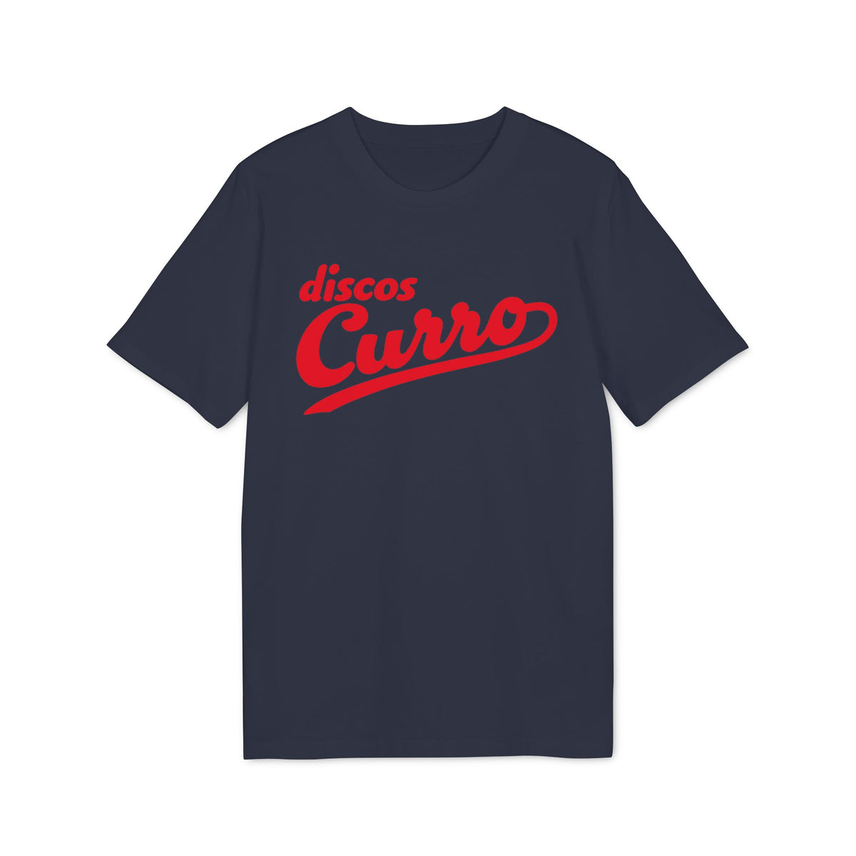Navy t-shirt with red "discos Curro" script text.