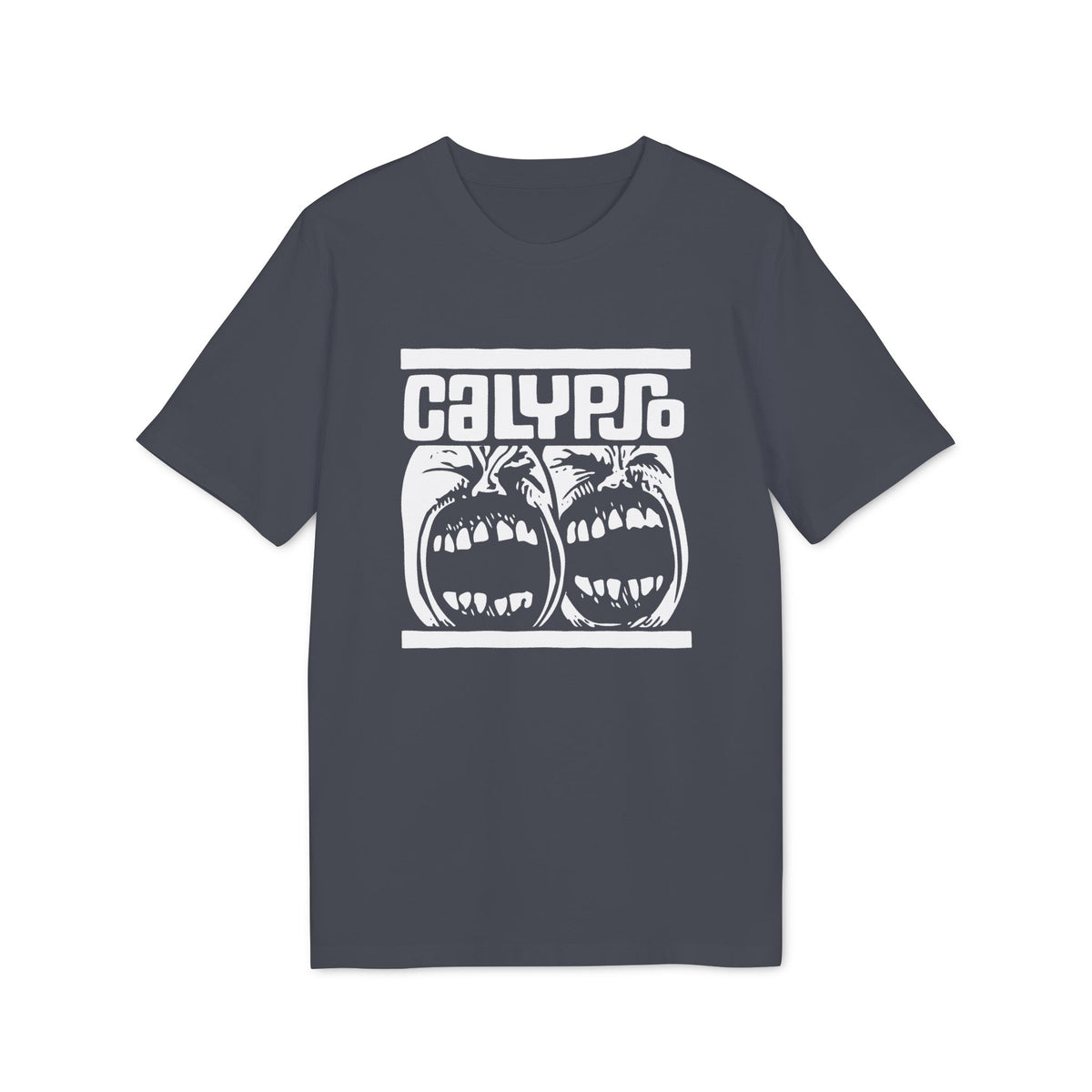 Dark t-shirt with white "CALYPSO" text and two screaming faces.