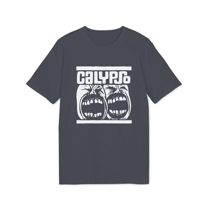 Dark t-shirt with white "CALYPSO" text and two screaming faces.