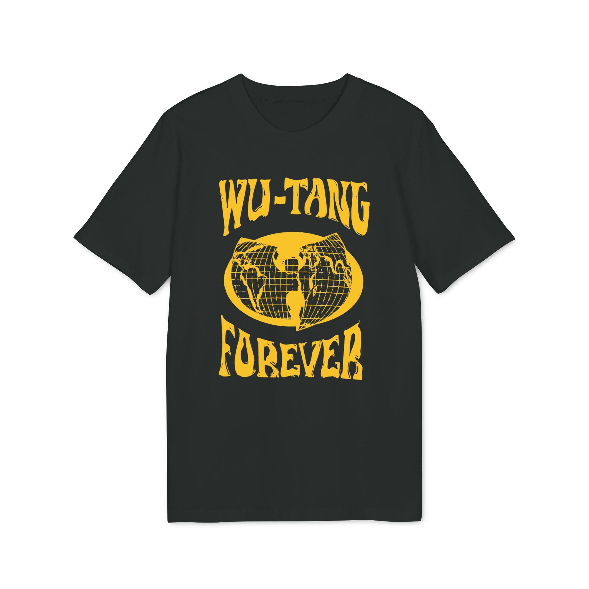 Black t-shirt with yellow "Wu-Tang Forever" text and globe graphic.