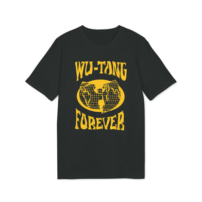 Black t-shirt with yellow "Wu-Tang Forever" text and globe graphic.