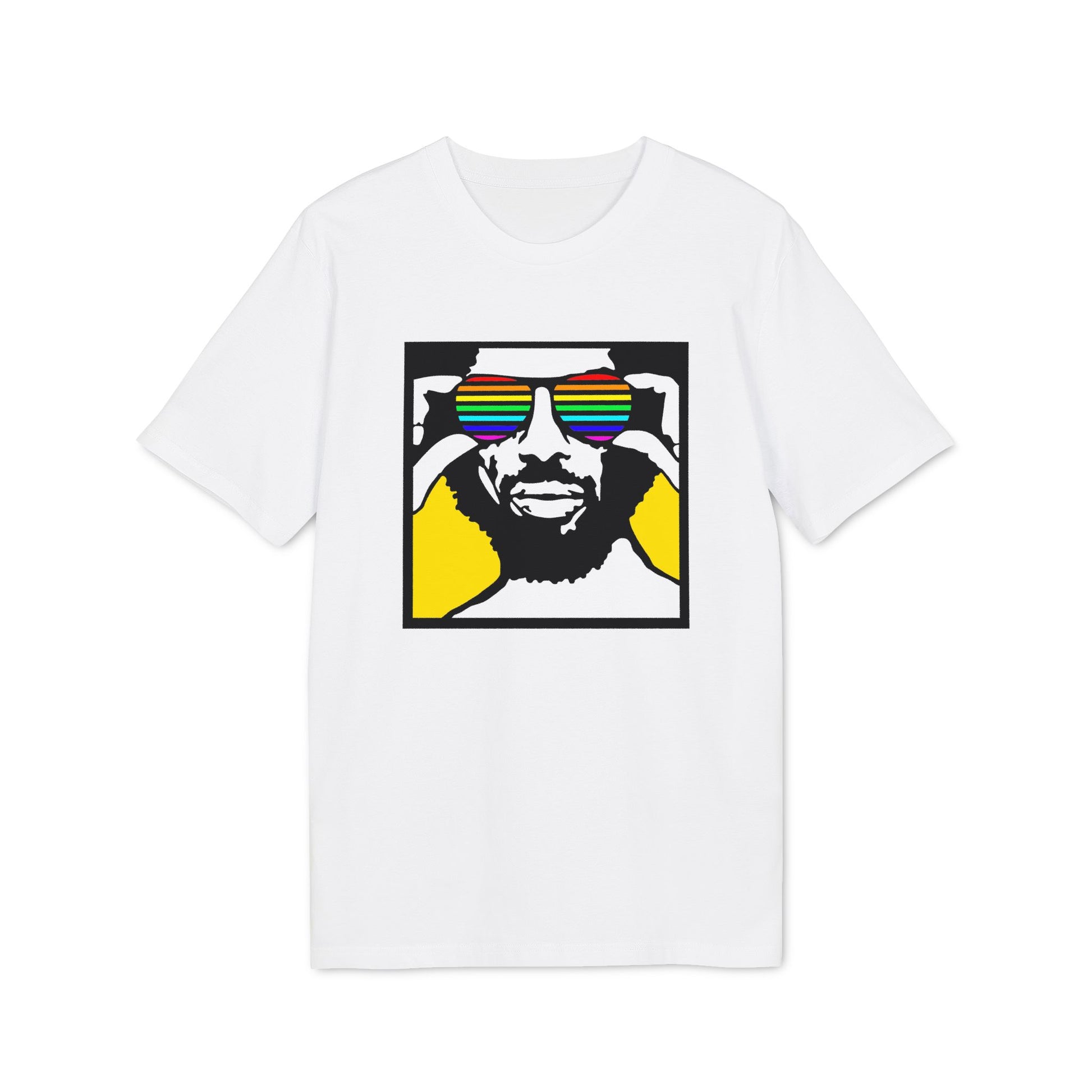 Graphic tee with black outlined portrait wearing rainbow sunglasses, on white shirt.