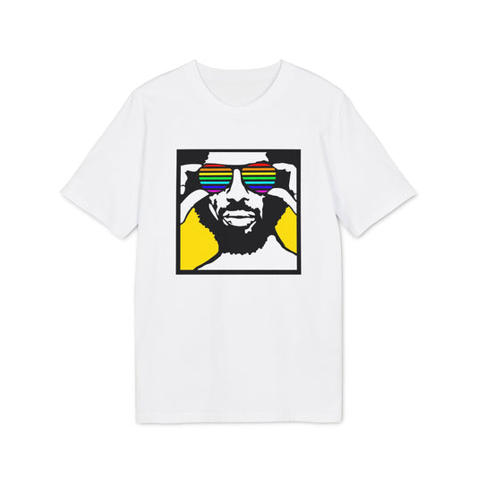 Graphic tee with black outlined portrait wearing rainbow sunglasses, on white shirt.